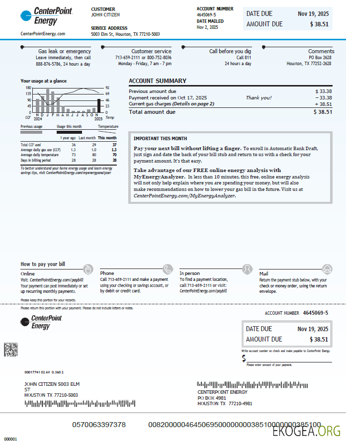 USA Center Point Energy utility bill template in Word and PDF formats